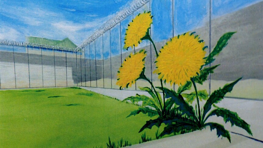A drawing of sunflowers in front of a prison fence. There is blue sky and some white clouds.