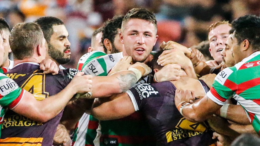 Fiery encounter ... Sam Burgess gets involved in a melee with the Broncos