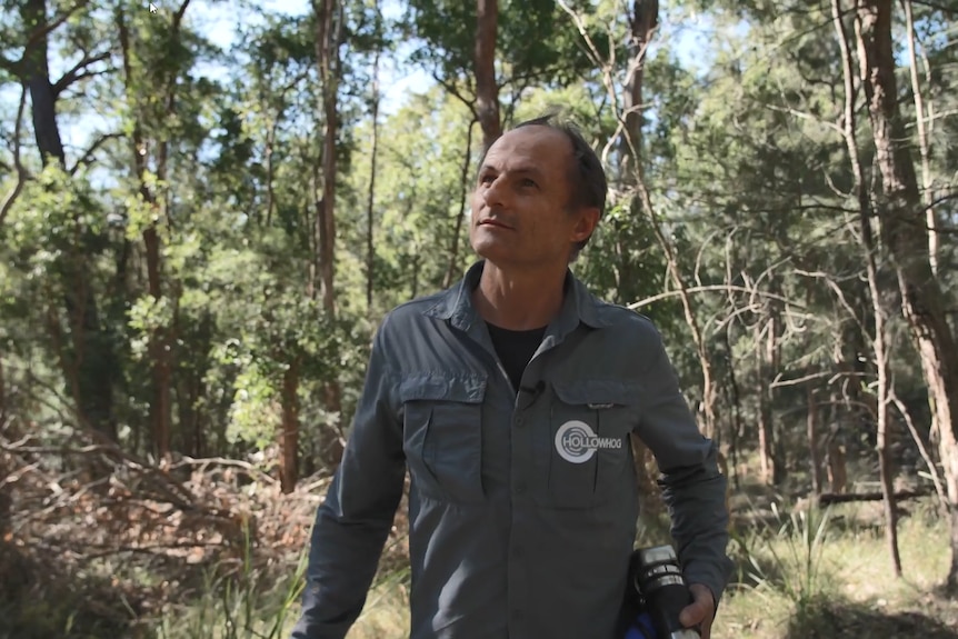 A man in a khaki shirt stands in the bush