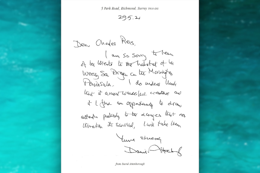 A scanned version of the short, handwritten letter from Sir David Attenborough to the Flinders Community Association.