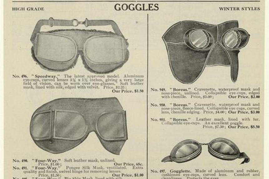 A print advertisement from 1907 showing a selection of goggles, most of which would mask much of the face.