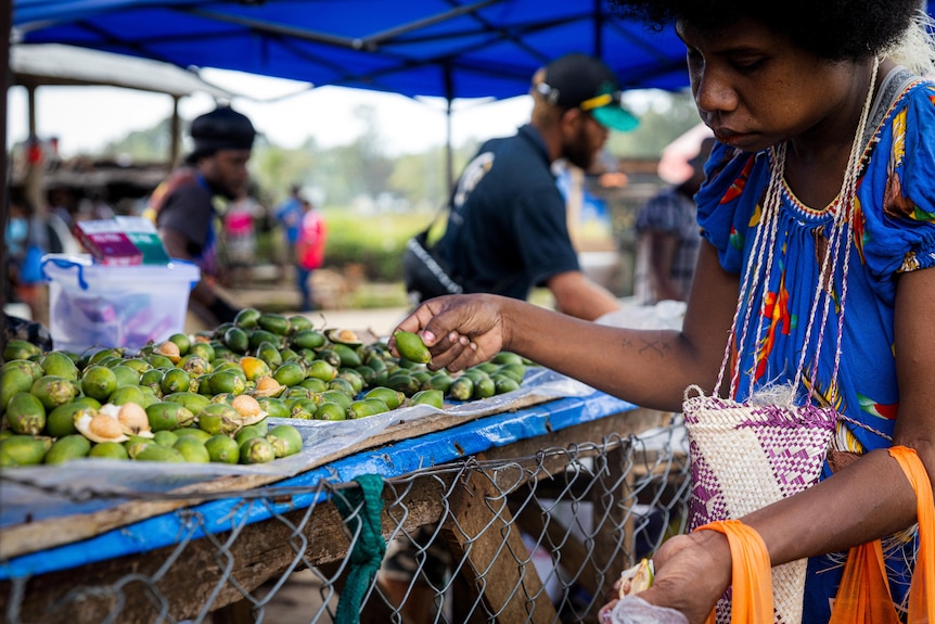 A woman in a bright blue patterned dress picks up some green betel nuts off a table at a market