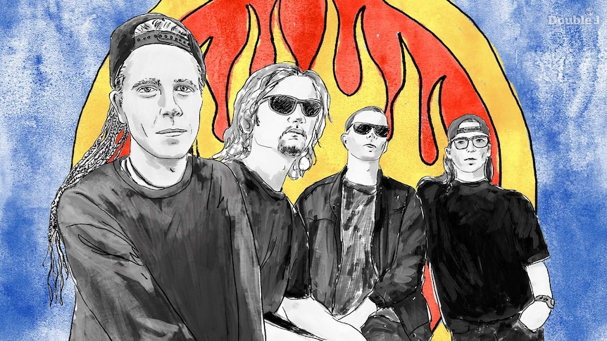 An illustration of the members of Californian punk rock band The Offspring