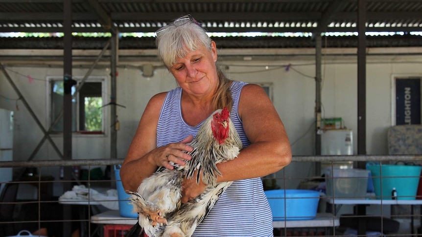 A photo of Penny Parkinson and her prized white hen, Birdy.