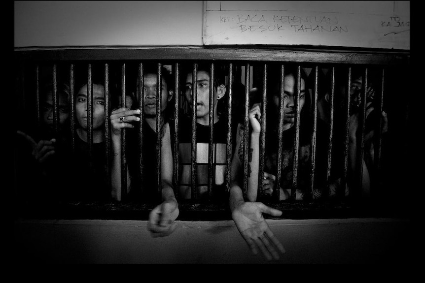 Indonesia punks imprisoned inside the moral re-education camp in Banda Aceh, behind bars.