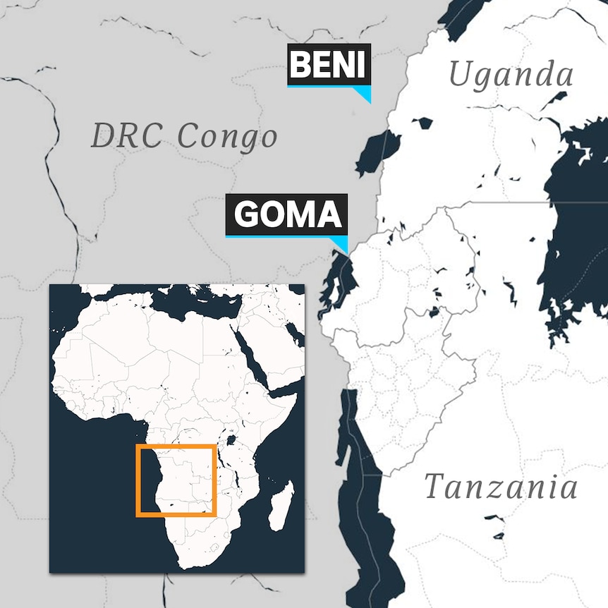 A map of the east of DRC Congo shows the cities of Goma and Beni which sit near the Ugandan border.