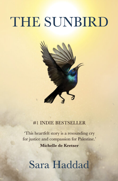 A book cover showing a small bird with an iridescent blue chest in mid-flight, the sun glowing above