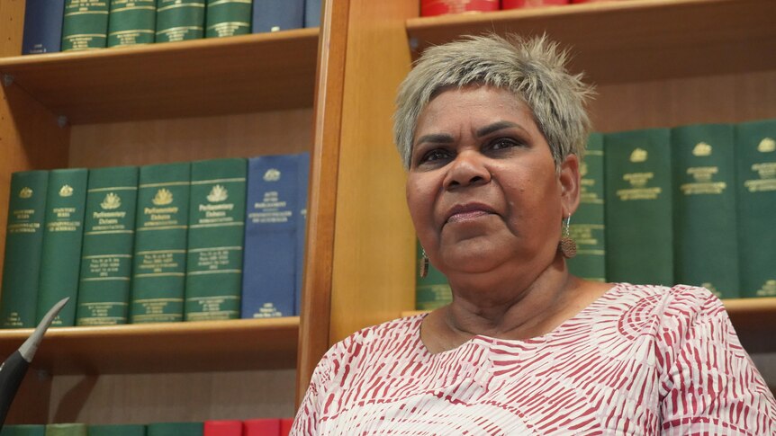 Indigenous female politician stands in office in front of shelf of parliamentary books