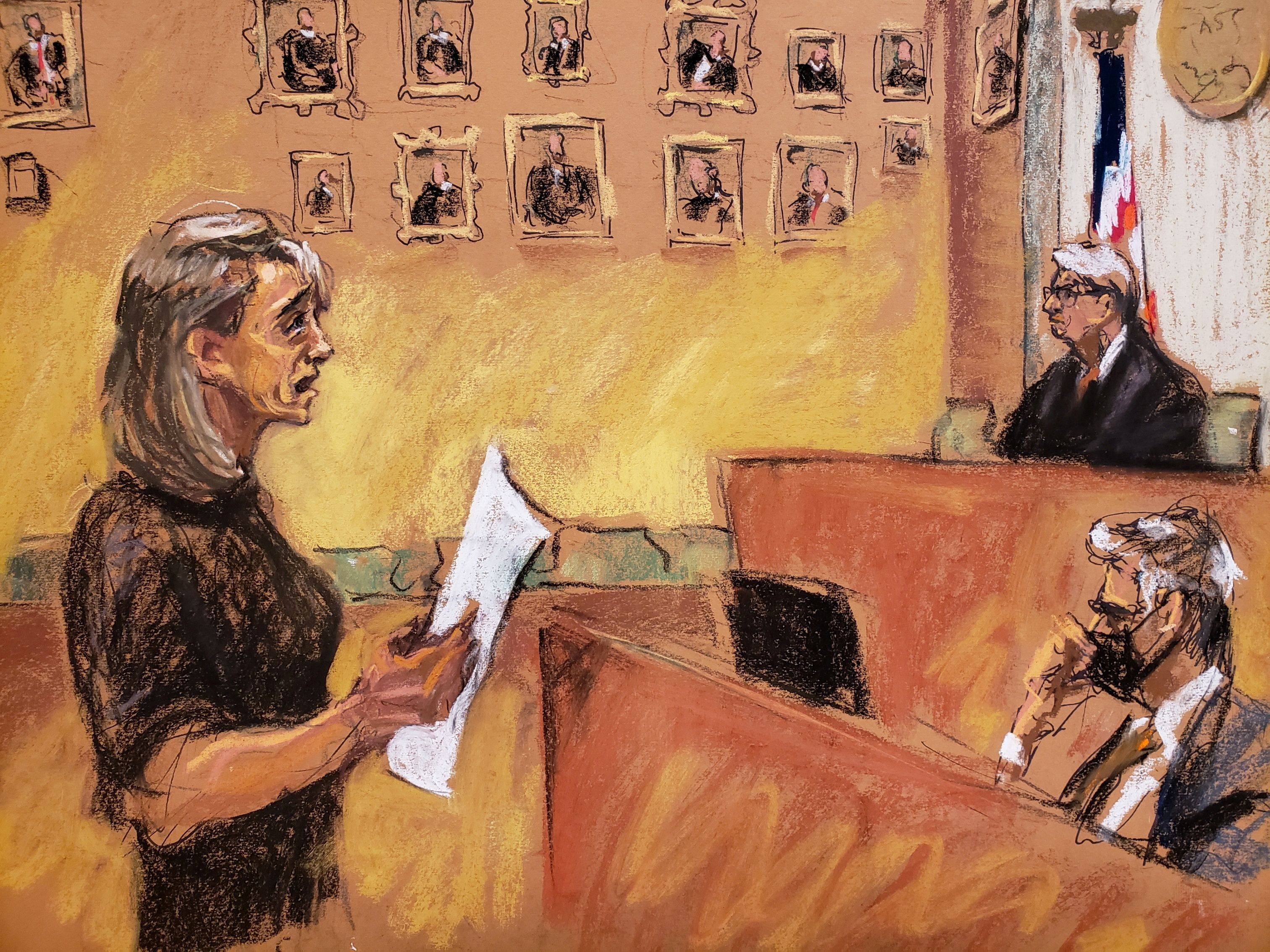 A courtroom sketch shows Allison Mack weeping while she apologises to the women she victimised.