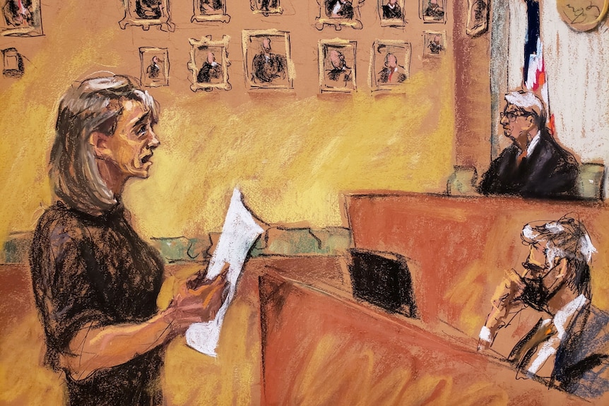 A courtroom sketch shows Allison Mack weeping while she apologises to the women she victimised.
