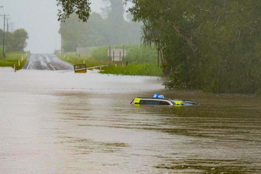 The roof of a car barely visible in flood water with a police aware sticker on it
