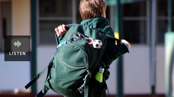 A boy carrying a green backpack arrives at primary school. Has Audio.