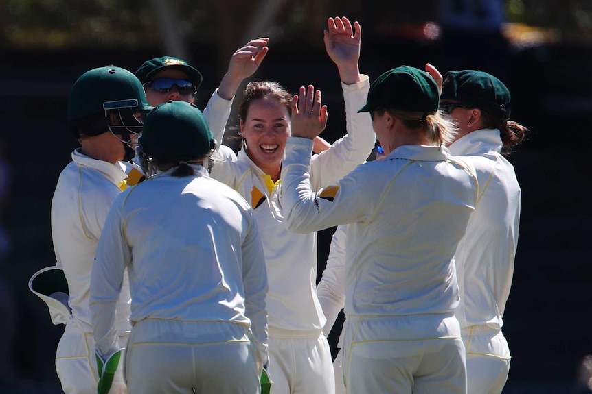 Australia's Amanda Wellington celebrates Tammy Beaumont's dismissal in Women's Ashes test
