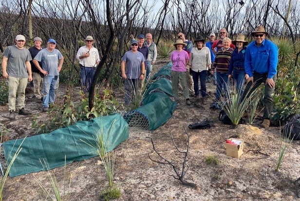 A group of people pose around a long mesh tunnel with shade cloth that allows small animals to forage.