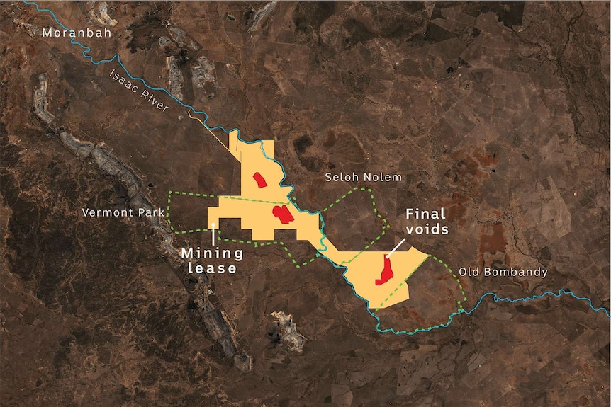 A satellite image shows the site of the proposed mine and its final voids in relation to farms, the Isaac River and Moranbah.