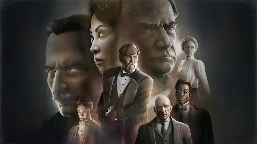 Cover art from The Invisible Hours: a sepia toned portrait of characters in the style of a murder mystery poster,