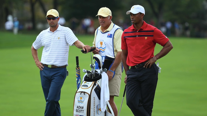 Adam Scott, Steve Williams and Tiger Woods on Presidents Cup day three