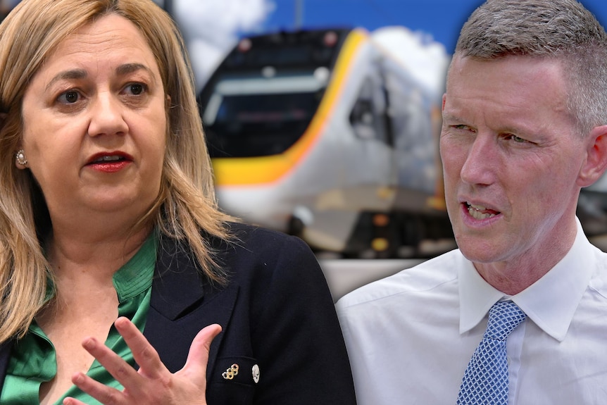 Photo illustration of Queensland Premier Annastacia Palaszczuk and Transport Minister Mark Bailey with a train between them