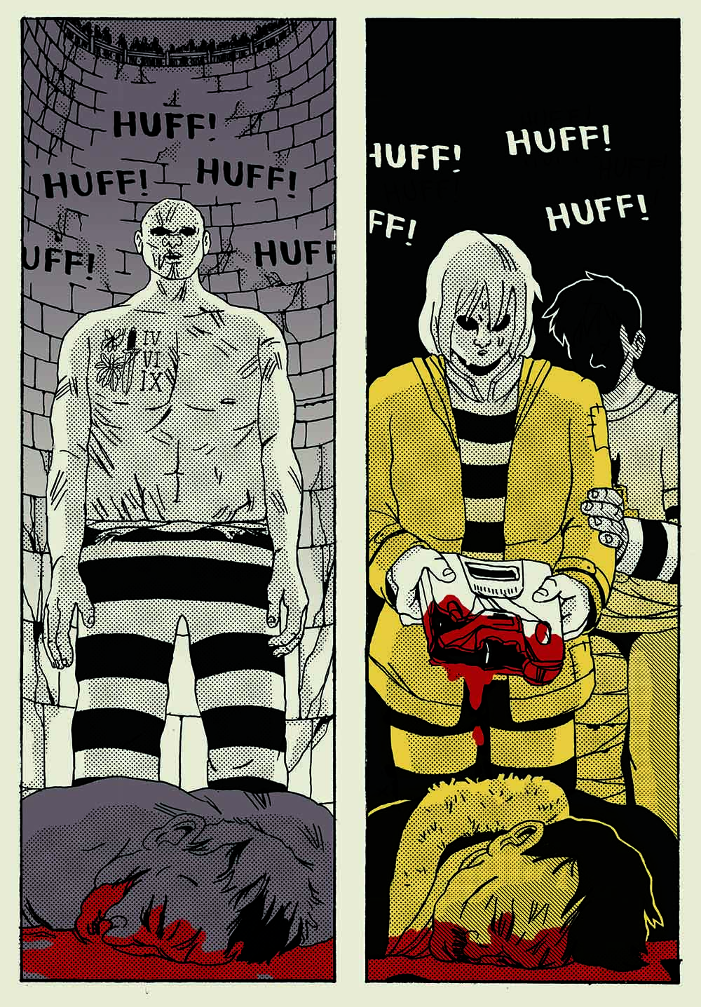 A black, white, yellow and brown illustration shows two side by side scenes of person/s standing over a bloodied dead body.
