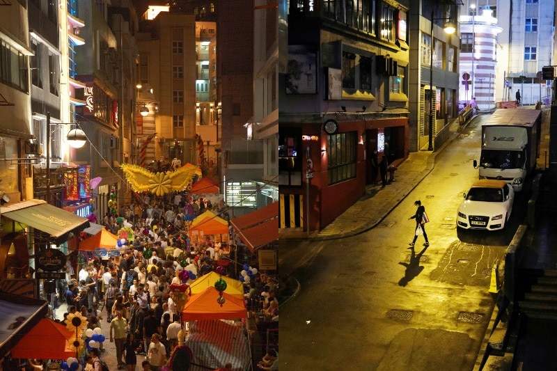 You see a composite image of similar Hong Kong streets, one teeming with nightlife, while the other is deserted.