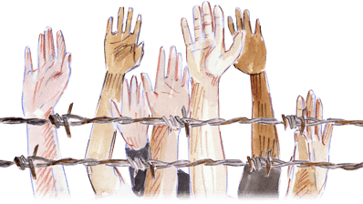 Illustration of group of hands reaching into the air