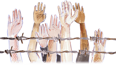Illustration of group of hands reaching into the air