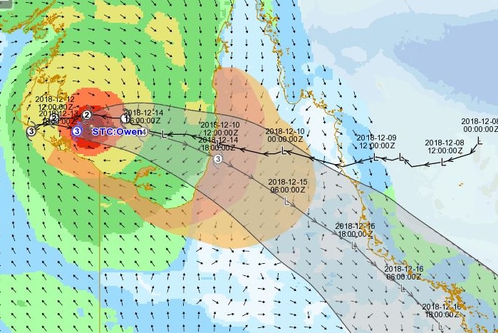 The Bureau of Meteorology's MetEye map showing the forecast path of Severe Tropical Cyclone Owen.