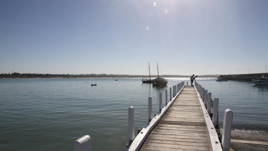 People stand on a wooden jetty jutting out into a sunlit bay.
