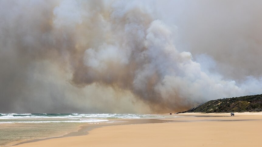 Smoke billows over the beach at Fraser Island