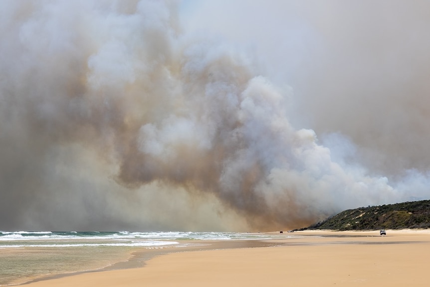 Smoke billows over the beach at Fraser Island