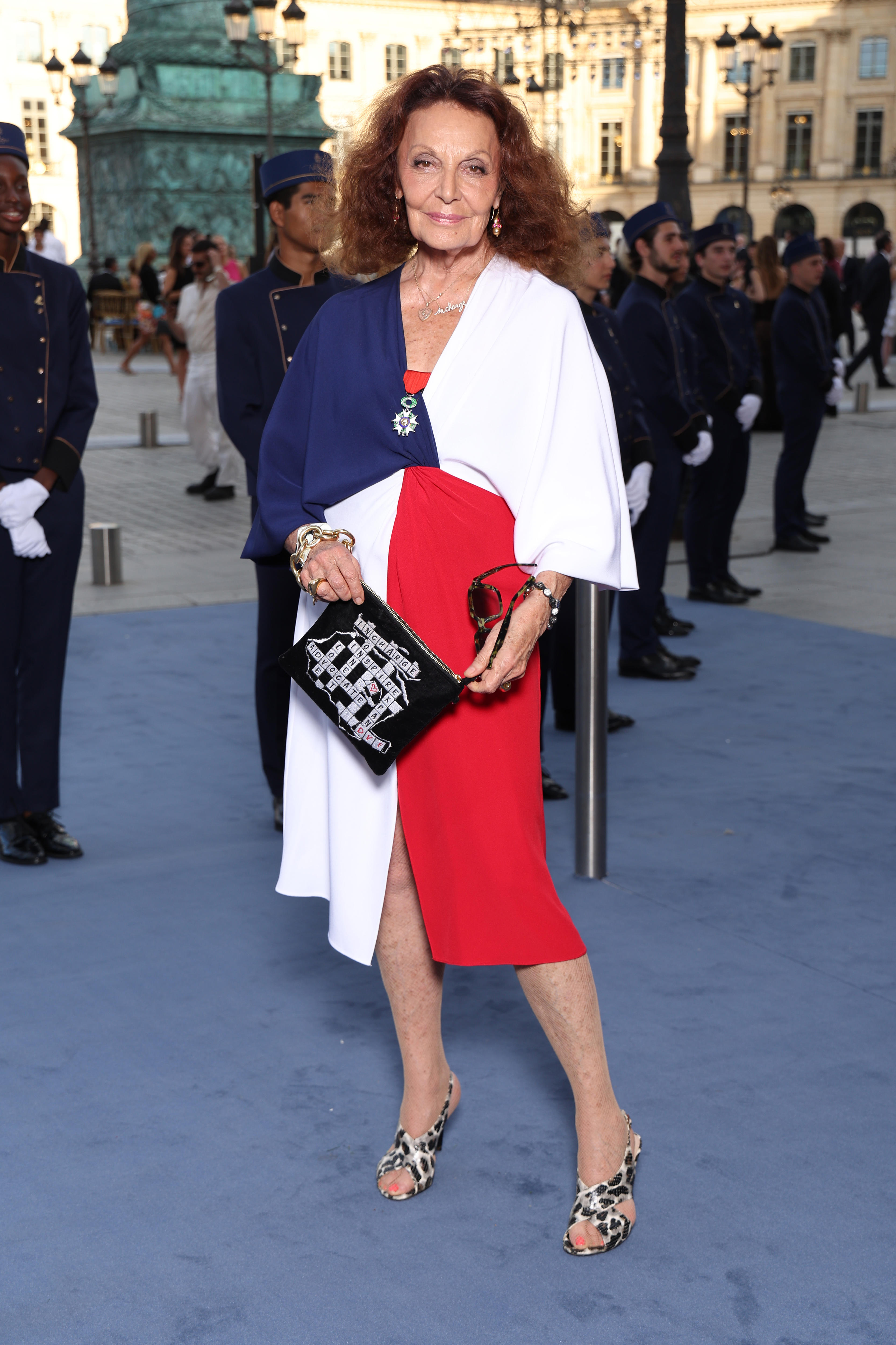 Diane von Furstenberg wears a red, white and blue dress, the colours of the French flag.