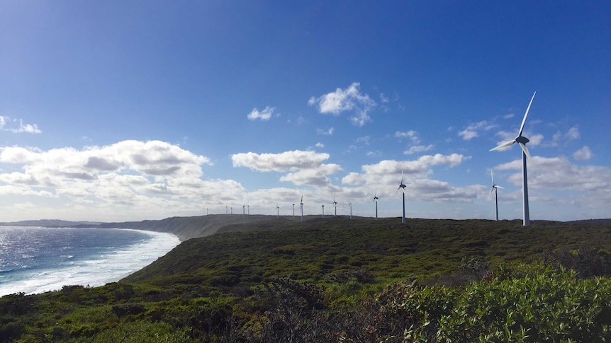 A series of white turbines on the coastline of Albany in Western Australia