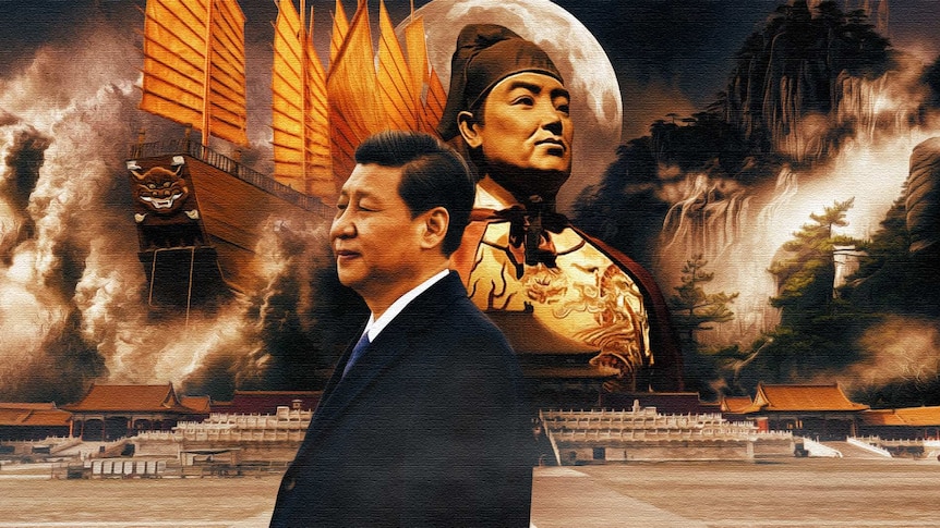 An artistic representation of Xi Jinping next to Zheng He with mountains and a ship in the background.
