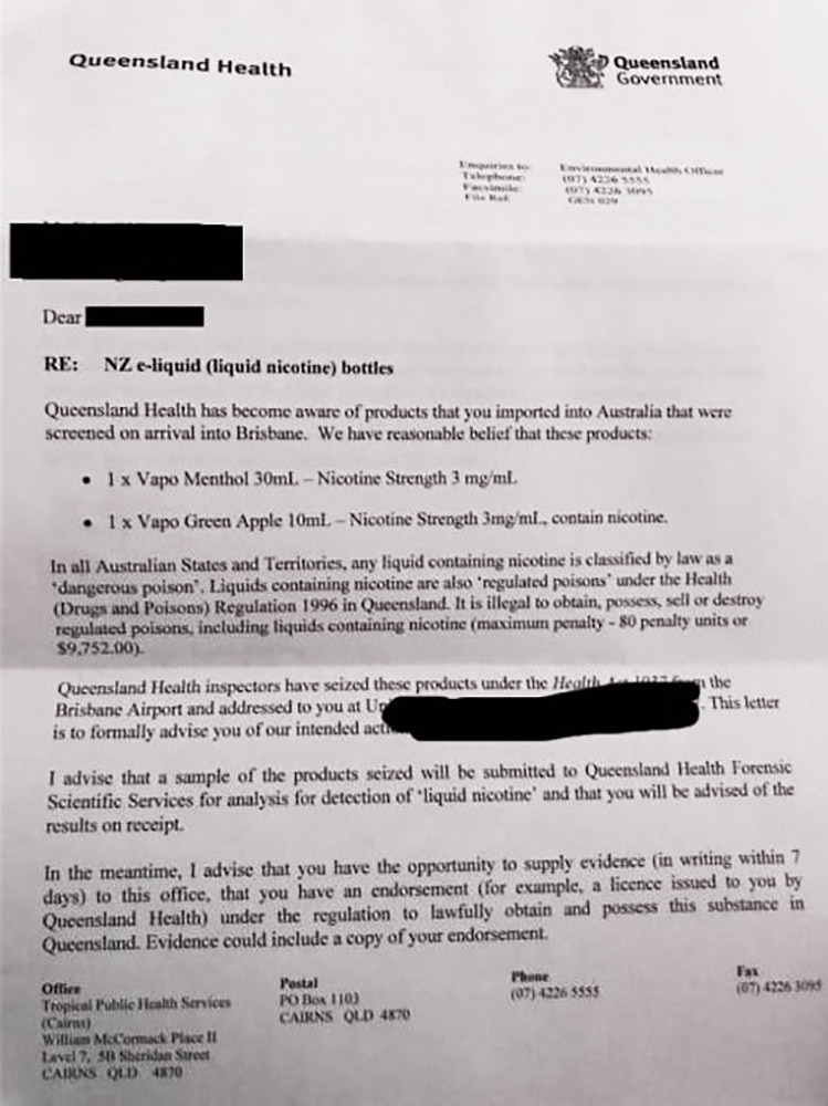 A letter from Queensland Health has warned against importing vaping products.