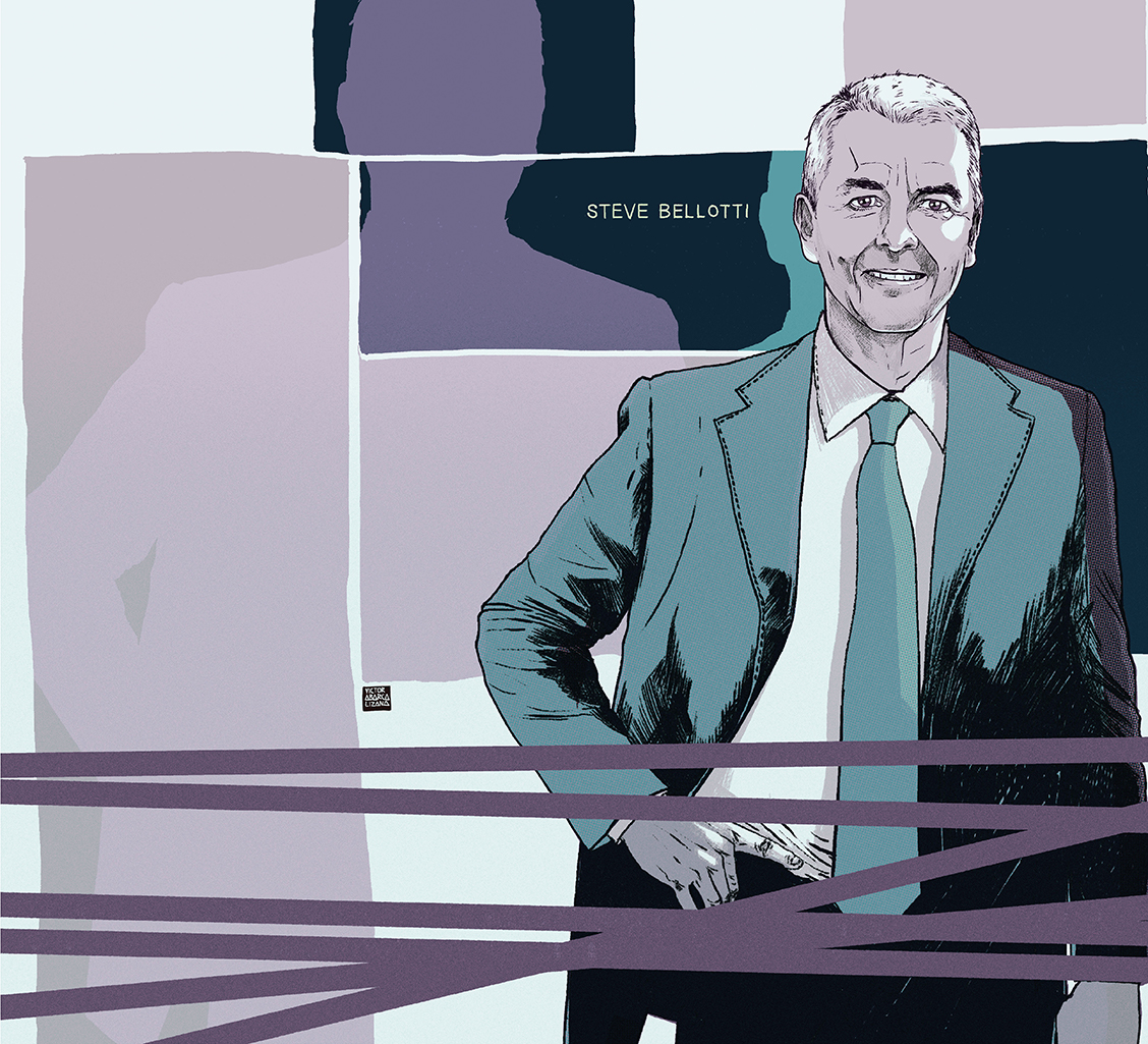 An illustration of Steve Bellotti, a trader who worked at ANZ. He has grey hair and is wearing a suit.