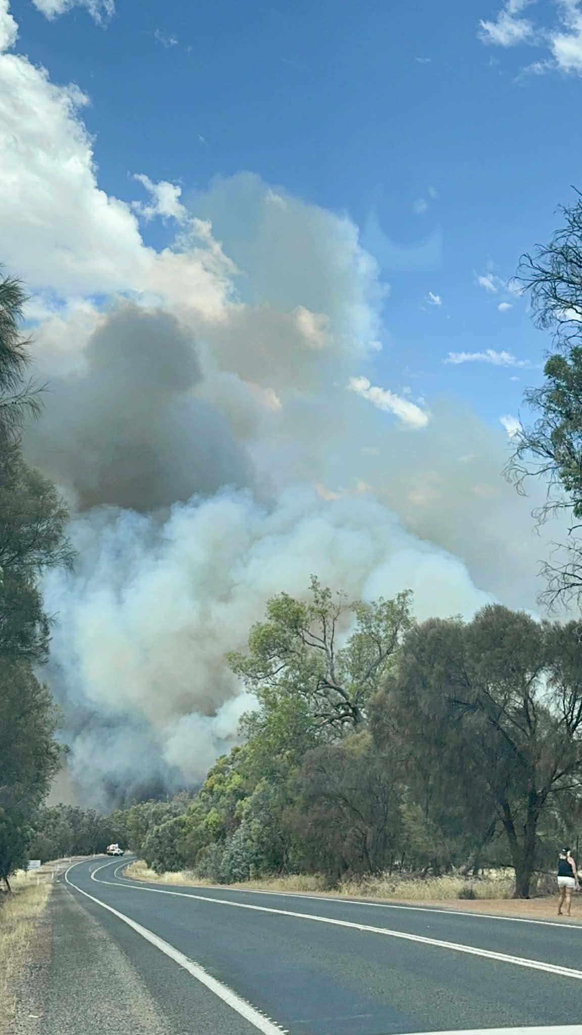 El humo se eleva desde los matorrales cerca de una carretera rural.