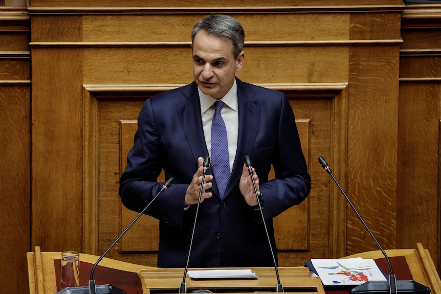 Greek Prime Minister Kyriakos Mitsotakis speaks at the Greek parliament, ahead of a vote on a bill.