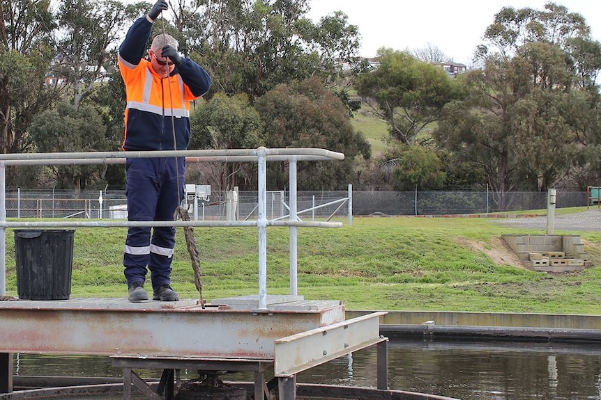 TasWater worker removing items from sewer treatment system.