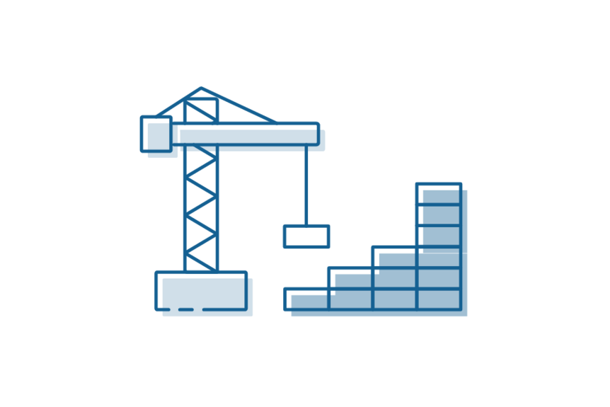 Icon drawing of crane carrying large square bricks.
