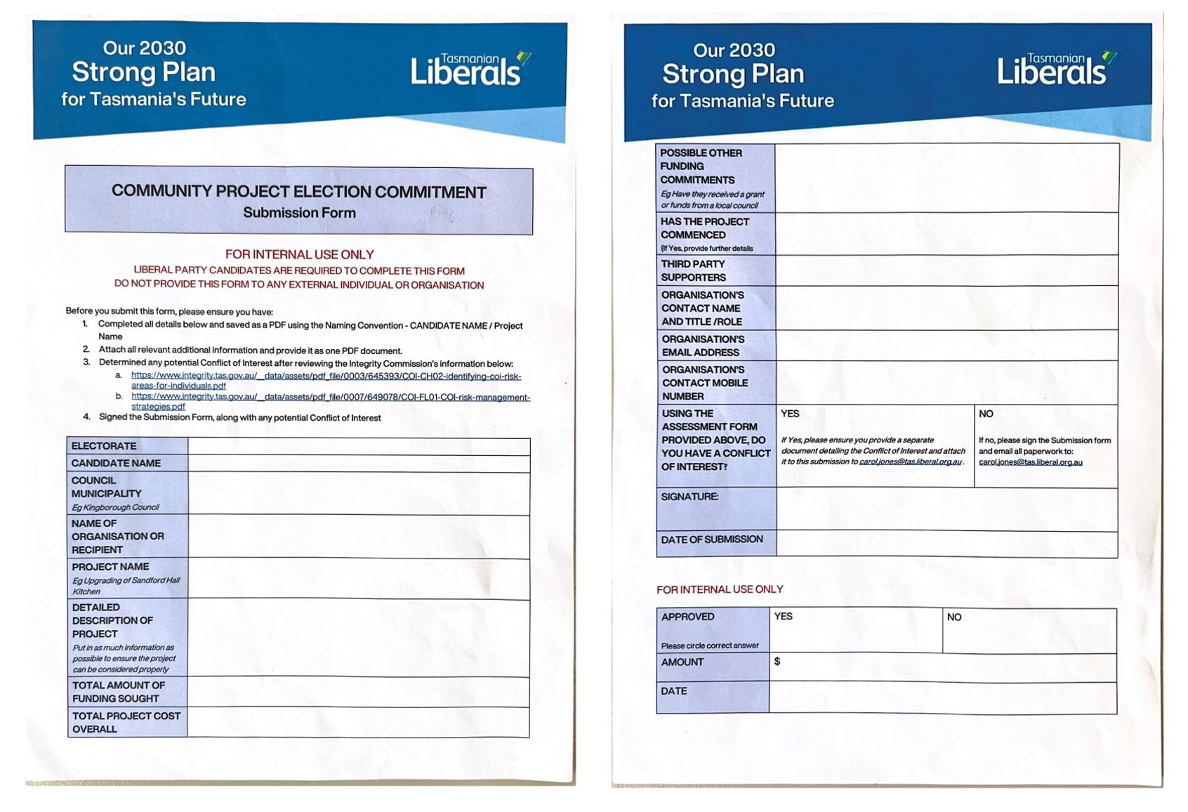 Tasmanian Liberals Community Project Election Commitment submission form.