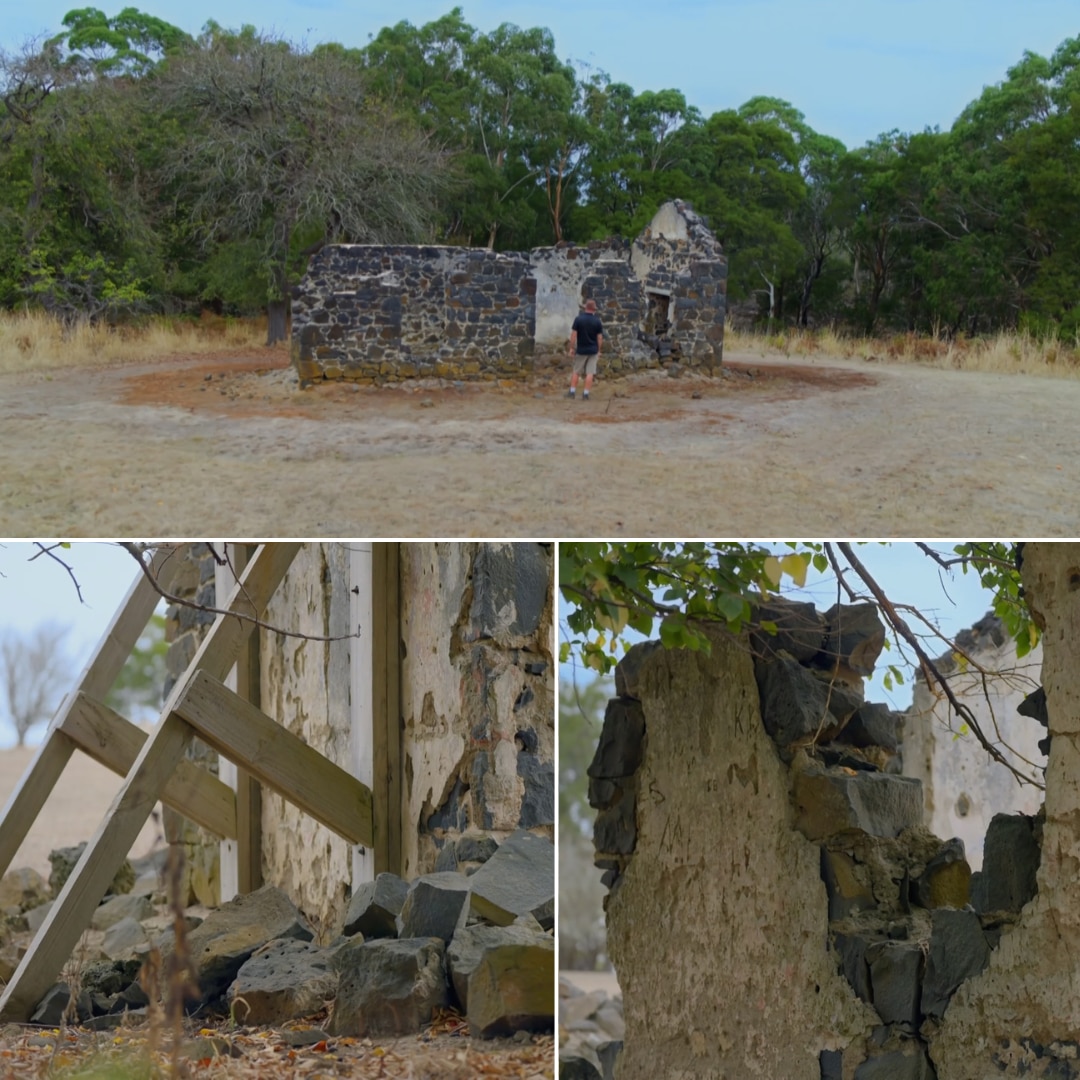 Three composite images of a ruined stone building.
