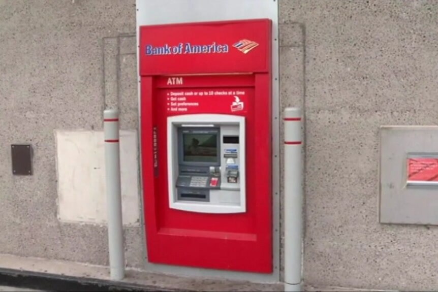 A Bank of America ATM that a repairman became trapped behind.