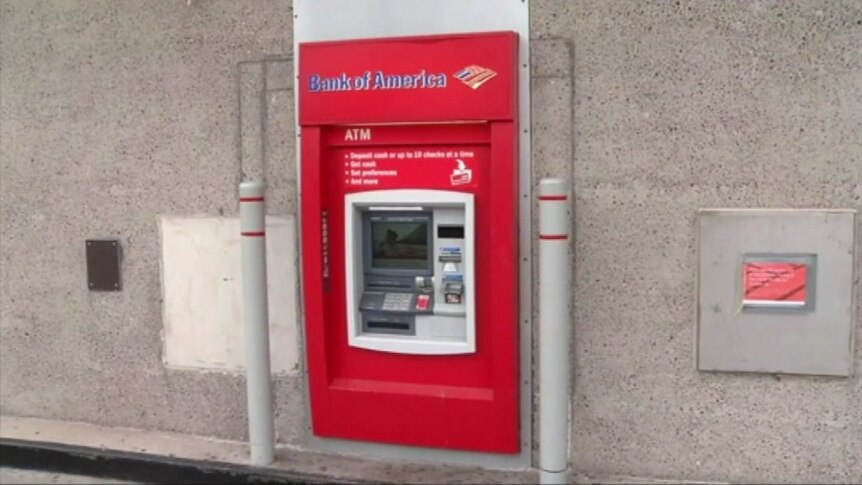 A Bank of America ATM that a repairman became trapped behind.