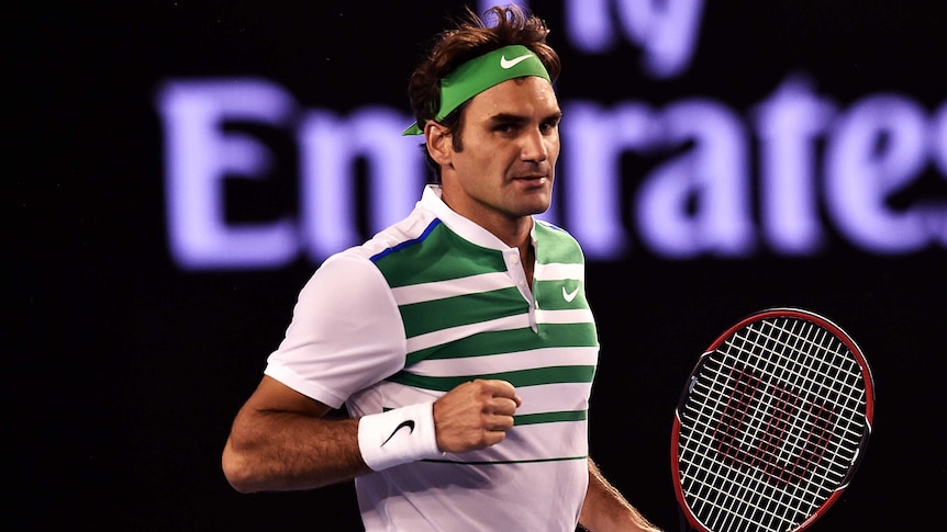 Roger Federer of Switzerland celebrates his win over Grigor Dimitrov of Bulgaria