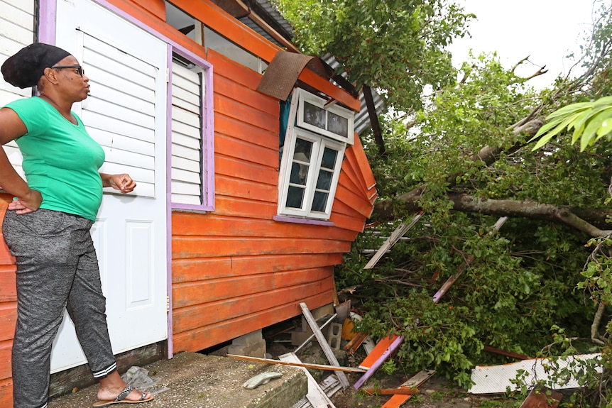 Woman stands in front of house crushed by tree 