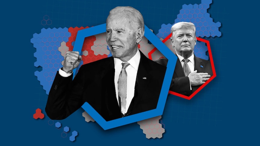 An illustration of Joe Biden and Donald Trump in front of a map of US election results.
