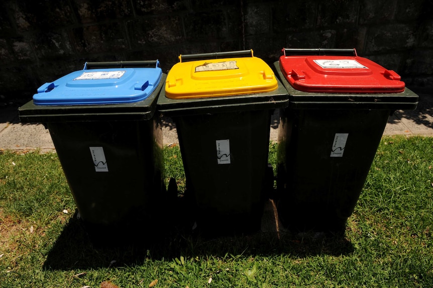 Recycling bins sit with a general waste bin in Sydney