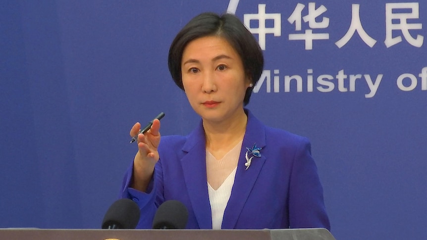 A serious-looking Chinese woman in a blue suit stands at a podium and gestures with her hand.