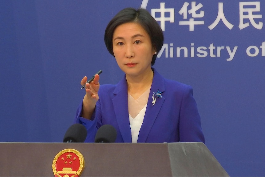 A serious-looking Chinese woman in a blue suit stands at a podium and gestures with her hand.