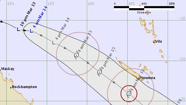 maps showing a cyclone track in the coral sea